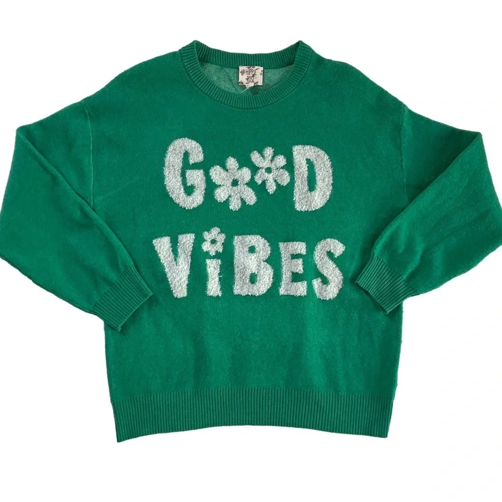 Pink Rose Good Vibes Knit Sweater Kelly green Graphic Oversized Slouchy retro S